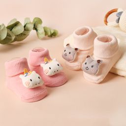 Kicks & Crawl Cotton Pack Of 2 Animal Applique Detailed Crawler Socks - Cream & Pink-image-83