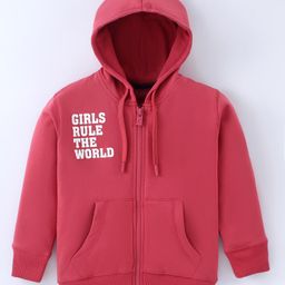 Doreme Terry Knit Full Sleeves Front Open Hooded Sweat Jacket With Text Print & Kangaroo Pockets - Garnet Rose-picture-12