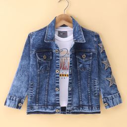 Dapper Dudes Full Sleeves Pocket Detailed Denim Jacket With Typography Printed Tee - Dark Blue-image-17