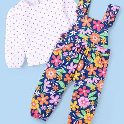 Babyhug Single Jersey Knit Full Sleeves Polka Dots & Floral Printed T-Shirt & Dungaree Set - Navy Blue-picture-27