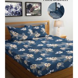 FABINALIV Blue Floral 300 TC Cotton Blend King Size Fitted Double Bedsheet with 2 Pillow Covers-picture-18