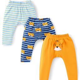 Babyhug Interlock Cotton Knit Full Length Striped Diaper Leggings With Tiger Print Pack of 3 - Light Blue, Royal Blue & Yellow|-image-98