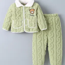 Kookie Kids Full Sleeves Collared Winter Wear Night Suit With Teddy Applique - Olive Green-picture-4