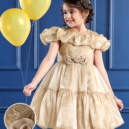 Mark & Mia Cold Shoulder Sleeves Tiered Party Frock with Floral Embroidery & Applique - Tan-image-18