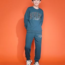 Lil Tomatoes Cotton Looper Full Sleeves Beverly Hills Text Printed Track Suit Set - Teal Blue-picture-11
