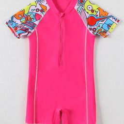 Pine Kids Half Sleeves Legged Swimsuit Animal Print - Fuschia-image-67
