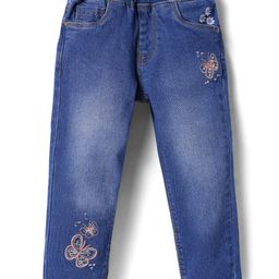 Babyhug Denim Full Length Washed Stretch Jeans With Butterfly Embroidery - Blue-image-37