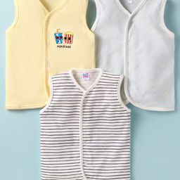 Ben Benny 100% Cotton Knit Sleeveless Front Open Jhablas with Pop Stars Print & Stripes Pack of 3 - Yellow White & Light Blue-image-45