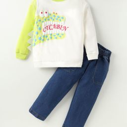 Googo Gaaga Cotton Full Sleeves Dinosaur Printed & Applique Detailed Sweatshirt Joggers Set - Cream-image-17