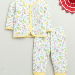 BUMZEE Cotton Full Sleeves Floral Printed Coordinating Jhabla & Joggers Set - White & Yellow-image-50