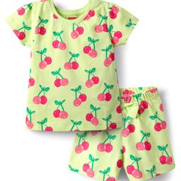 Babyhug Cotton Knit Half Sleeves Shorts Co-Ord Night Suit With Cherry Print - Green-image-81
