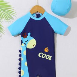 Babyhug Half Raglan Sleeves Legged Swimsuit With Giraffe Print & Cap - Navy Blue-image-96