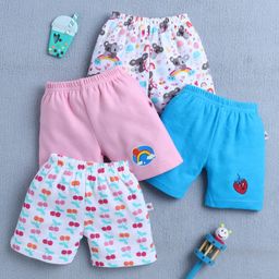 BUMZEE Cotton Pack Of 4 Rainbow & Koala Bear Printed Shorts - Blue & Pink-image-58