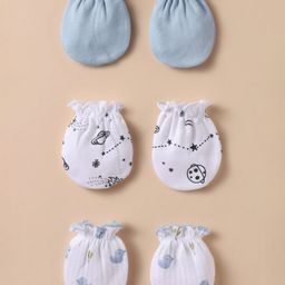 Bubble Pop Cotton Knit Mittens with Ducky & Space Theme Print Pack of 3 - White & Blue-image-66