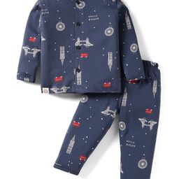 First Smile Sinker Knit Full Sleeves Co-ords Night Suit with London Theme Print - Navy Blue-image-99