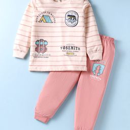 CUCUMBER Sinker Knit Full Sleeves Striped T-Shirt & Lounge Pant Set with Text Print - Pink-image-70