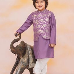 KID1 Jacquard Woven Full Sleeves Solid Kurta With Floral Foil Printed Attached Jacket & Pyjama Set - Purple-picture-9
