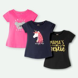 Ariel Cotton Knit Pack Of 3 Half Sleeves Koala Embroidered & Typography Printed Tops - Pink Navy Blue & Black-image-80