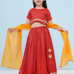 Aj DEZInES Girls Woven Design Foil Print Ready to Wear Lehenga & Blouse With Dupatta-image-79