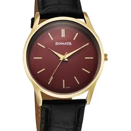 Sonata Men Brass Dial & Leather Straps Analogue Watch 77140YL02-40