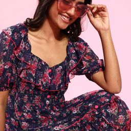 Antheaa Navy Blue Floral Chiffon Dress-picture-20