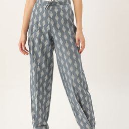 MBeautiful Women Grey & White Ikkat Handblock Print Lounge Pants-image-14
