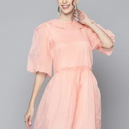 SASSAFRAS Women Peach-Coloured Solid Peter Pan Collar A-Line Dress-image-35