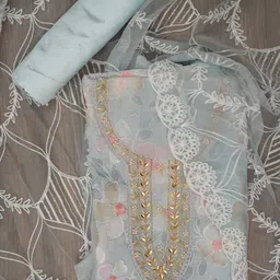 SHADOW & SAINING Floral Printed Beads and Stones Organza Unstitched Dress Material-image-17