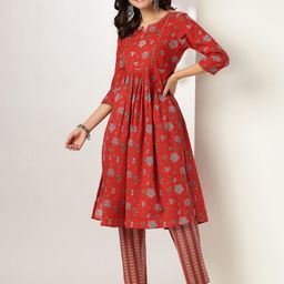 Janasya Women Floral Printed Regular Sequinned Pure Cotton Kurta with Trousers-2