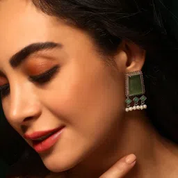 Priyaasi Silver-Plated Emerald Stone Studded Contemporary Oxidised Drop Earrings-75