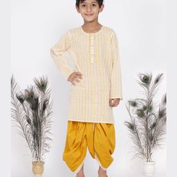 Little Bansi Full Sleeves Leaf Trellis Print Kurta & Coordinated Lace Detailing Dhoti Set - Yellow & Cream-13