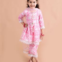 Pspeaches Three Fourth Sleeves Floral Printed Tassle Detail Kurta & Salwar With Dupatta Set - Pink-image-44
