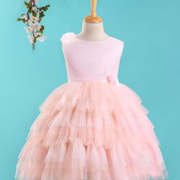 Bluebell Sleeveless Layered Party Frock With Floral Applique & Glitter Print- Peach-image-93