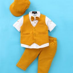 Robo Fry Cotton Lycra Full Sleeves Party Suit With Bow & Cap Solid Color - Muster Yellow-image-31