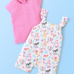 Babyhug 100% Cotton Dungaree & Cap Sleeves T-Shirt With Wild Animals Print - Pink & White-image-39