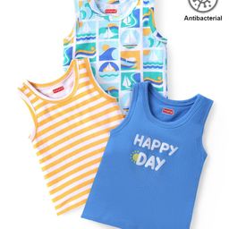 Babyhug 100% Cotton Knit Sleeveless Antibacterial Striped Sando Boat Print Pack of 3 - Multicolor-image-28