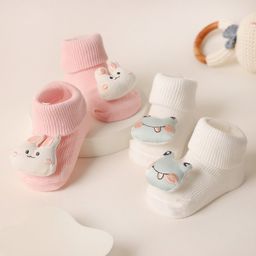 Kicks & Crawl Cotton Pack Of 2 Animal Applique Detailed Crawler Socks - Cream & Pink-picture-14