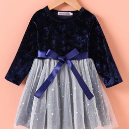 Kookie Kids Full Sleeves Party Wear Frock With Bow Applique & Space Theme Print - Navy Blue-image-51