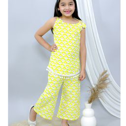 Ka-mee Cotton Sleeveless  Floral Printed Kurta With Palazzo - Yellow-image-3