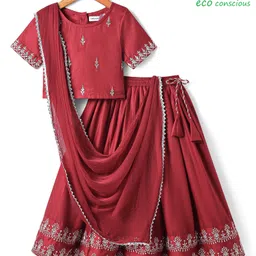 Babyoye Woven Half Sleeves Solid Dyed Embroidered Choli Lehenga Set With Dupatta - Red-picture-45