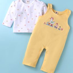ToffyHouse 100% Cotton Knit Full Sleeves Floral Print & Duck Embroidered Dungaree Style Romper with T-Shirt - Yellow-image-6