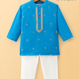 Babyoye 100% Cotton Embroidered Full Sleeves Kurta Pyjama Set - Blue-image-85
