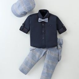 Robo Fry Cotton Knit Full Sleeves Solid Colour Shirt & Checkered Trouser with Hat Bow & Suspender - Navy Blue-image-87