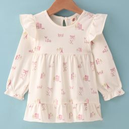 Zero Sinker Knit Full Sleeves Printed Frock With Frill Detailing - Cream-picture-15