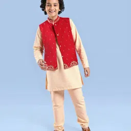 Pine Kids Woven Full Sleeves Solid Kurta Pyjama Set with Embroidered Jacket - Red-picture-0