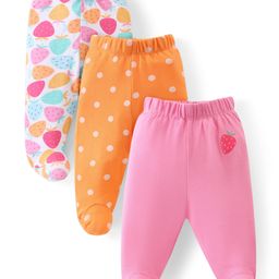 Babyhug Cotton Knit Strawberry & Polka Dot Printed Bootie Leggings Pack of 3 - White Orange & Pink-image-62