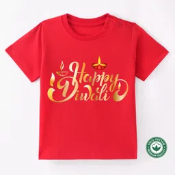 BLUSHES Diwali Theme100% Cotton Half sleeves Happy Diwali Text Printed Tee - Red-picture-12
