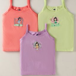 Simply Interlock Knit Singlet Sleeves Slips With Text Print Pack of 3 - Purple Green & Peach-47