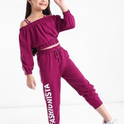 Ollington St. 100% Cotton Knit Full Sleeves Off-Shoulder Top & Joggers Set With Text Print - Maroon-image-19
