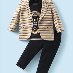 Dapper Dudes Full Sleeves Striped Blazer With Typography Printed Tee & Pant - Yellow-image-55